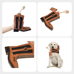 PetYupp Cowboy Boot Leather Chew Toy for medium dogs, textured leather for gum massage.