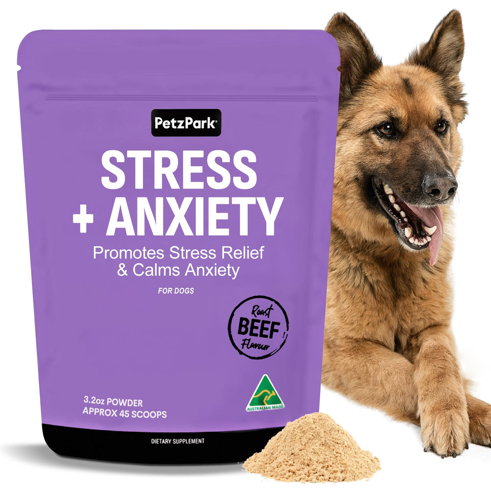 Petz Park stress dog powder tub with beef flavor for calming support during anxiety triggers.