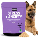 Petz Park stress dog powder tub with beef flavor for calming support during anxiety triggers.