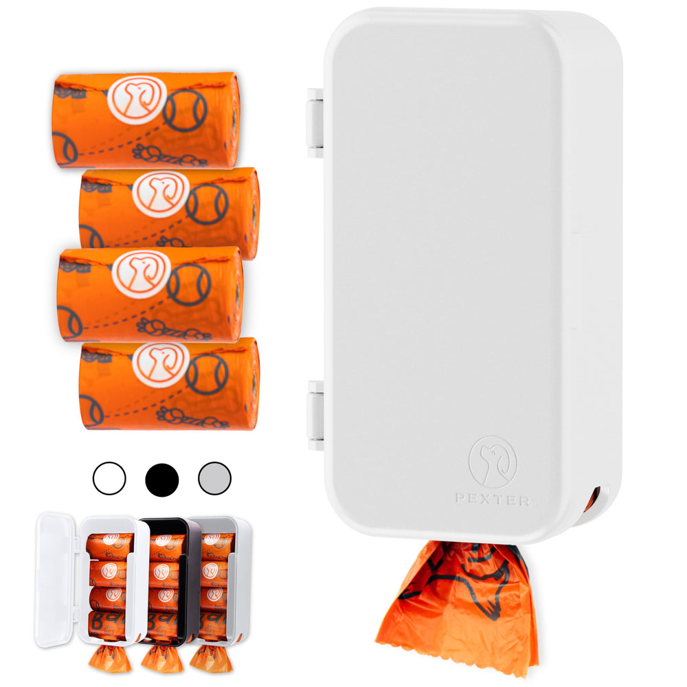 Pexter dog poop bag dispenser mounted outdoors with accessible bags for quick cleanup
