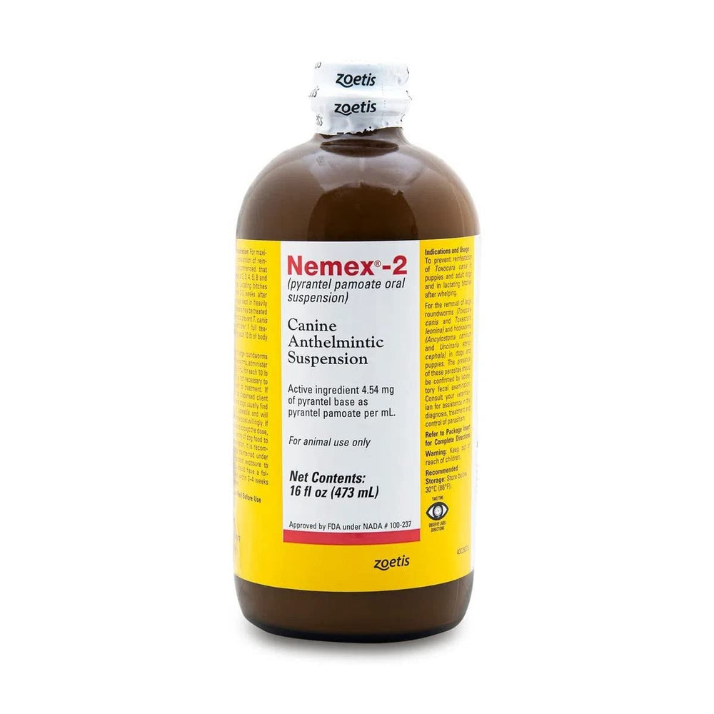 Pfizer Nemex 16 oz bottle pour for convenient worm control in dogs.