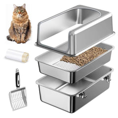 Phafariy 16inch high-sides stainless steel litter box showing durable odor-resistant design for big cats