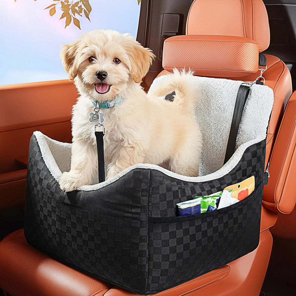 PHCOHIDO dog car seat shows triple-anchor safety for secure drives.