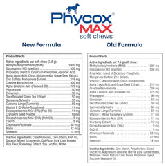 Phycox Max dog joint soft chews bottle back label outlines active ingredients