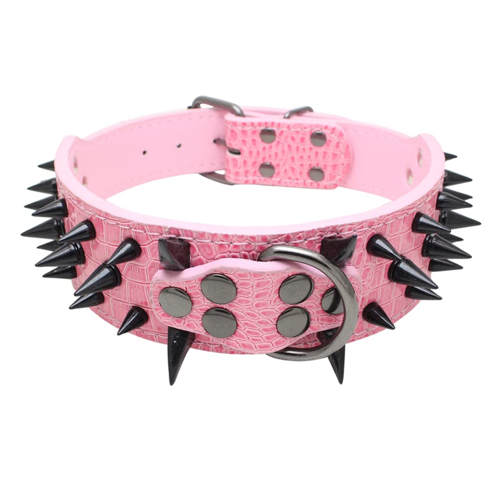 Pimaodog Sharp Spiked Collar pink side view—durable faux leather for daily comfort.