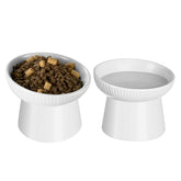 Pin Forest ceramic elevated cat bowl in white with raised design for easier feeding.