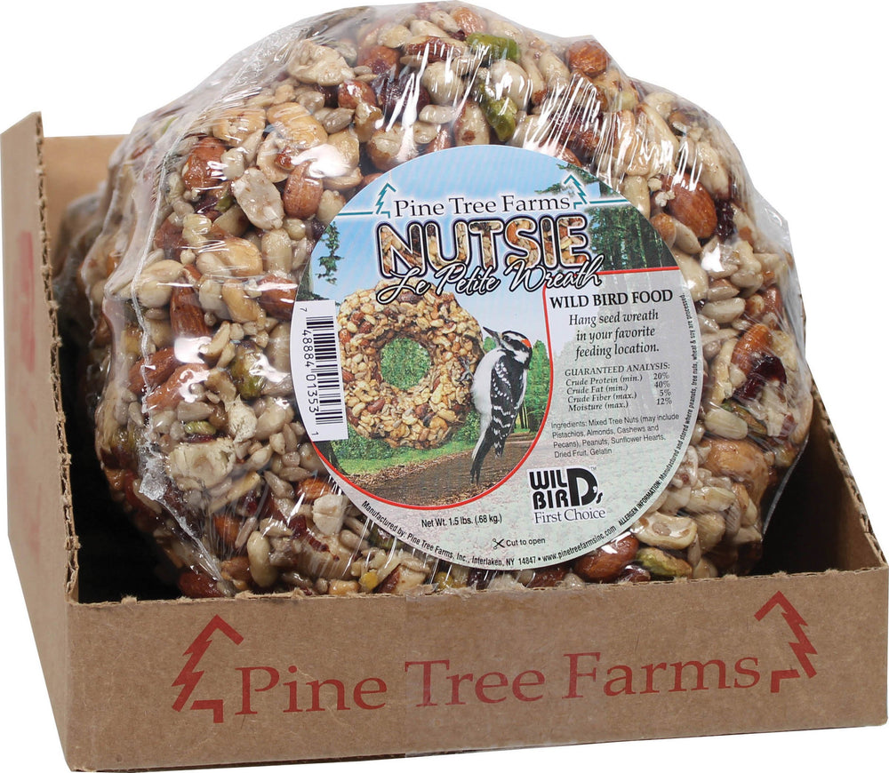 Pine Tree Farms Le Petit Nutsie Wreath seed log attracts woodpeckers with mixed nuts