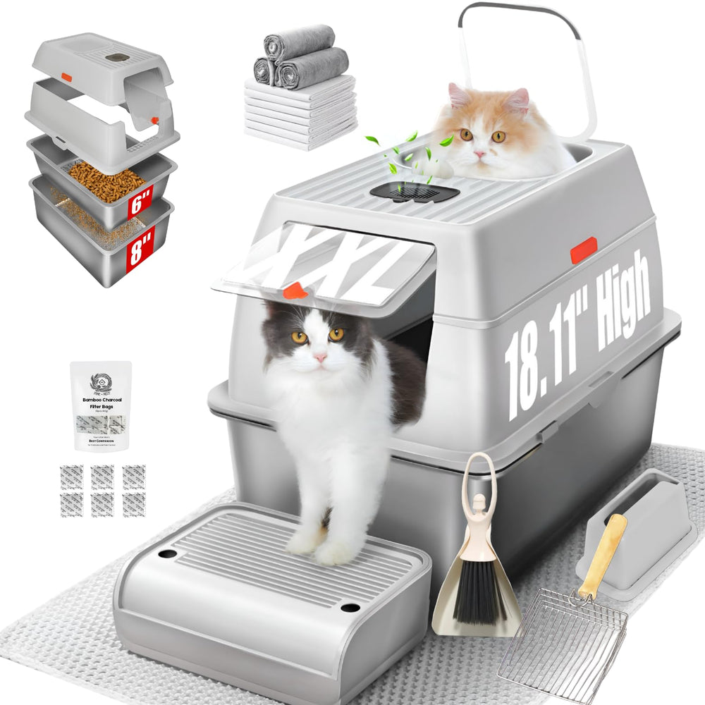 PINENEST XXL stainless steel litter box with lid offers privacy and odor control for busy homes.