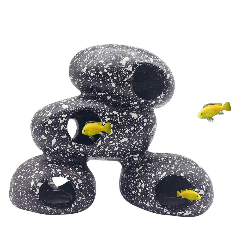 PINVNBY aquarium stone hideaway front view with natural hiding spots for small fish.