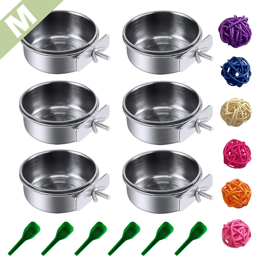 PINVNBY stainless steel bird bowl setup with cage clamp for stable feeding.