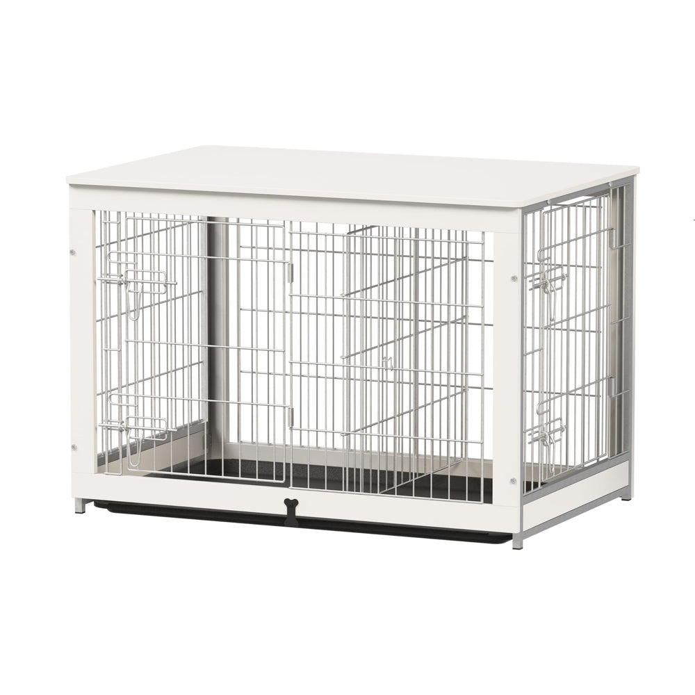 Piskyet wooden dog crate end table setup with dual doors for easy access