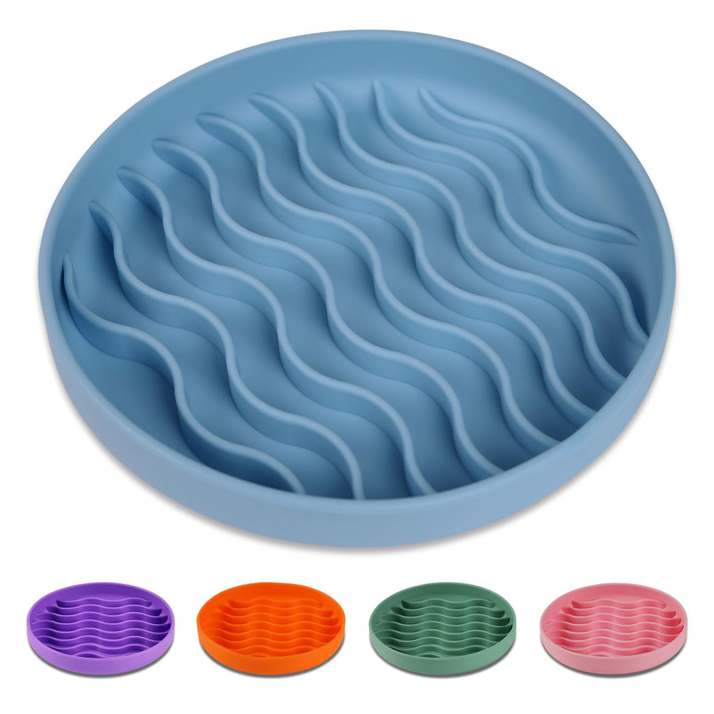 PJDH slow feeder bowl blue wave front view promotes paced eating for dogs.