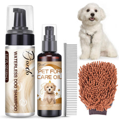 Pjordo Waterless Dog Shampoo bottle pour demonstrates quick spray for on-the-go grooming