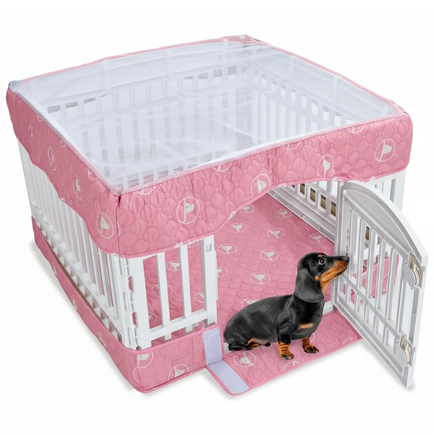 PJYuCien dog playpen bottom pad cover assembled for secure four-panel setup indoors
