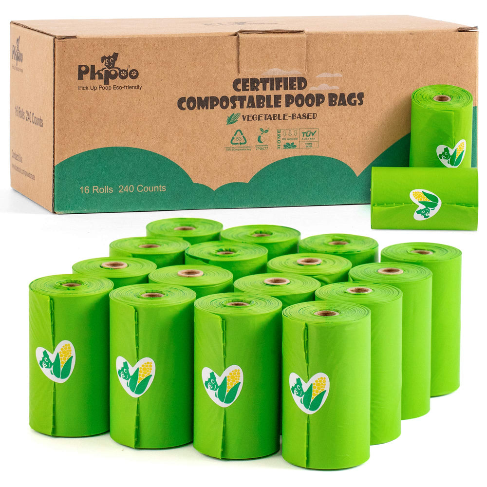 Pkpoo compostable dog bags packaging highlights plant-based materials for eco-conscious owners.
