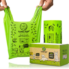 Planet Poop home compostable dog bags roll for eco-friendly waste disposal.