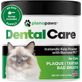 Planopaws Cat Dental Powder tub showcasing enzyme-based oral care for brighter teeth.
