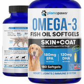 Planopaws Omega-3 dog capsules bottle closeup supporting healthy skin and coat