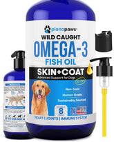 Plano Paws Omega-3 dogs liquid bottle showing ocean-sourced oil for healthier skin.
