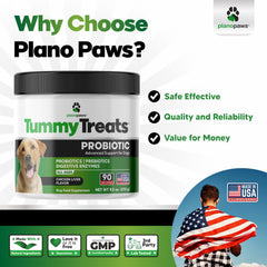 Planopaws probiotic bottle label highlights gut health and quality ingredients.