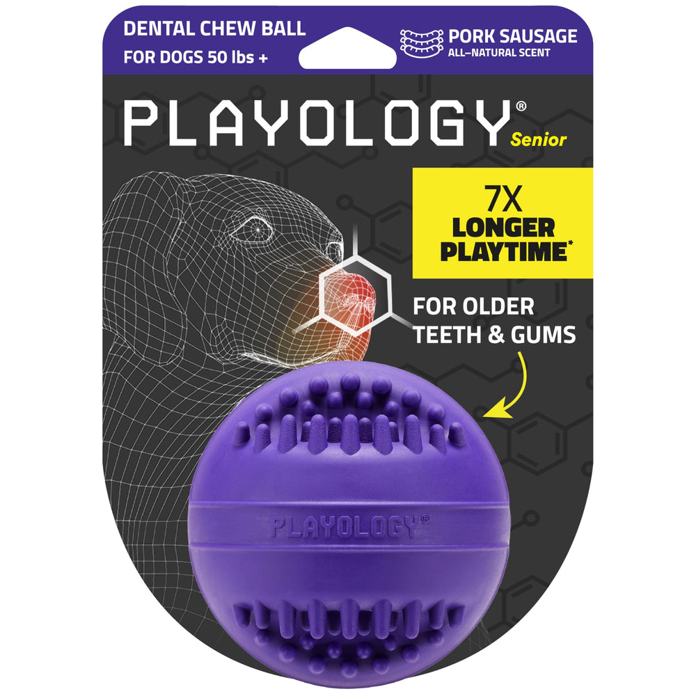 Playology dental-chew-ball for senior dogs with teeth-cleaning grooves.