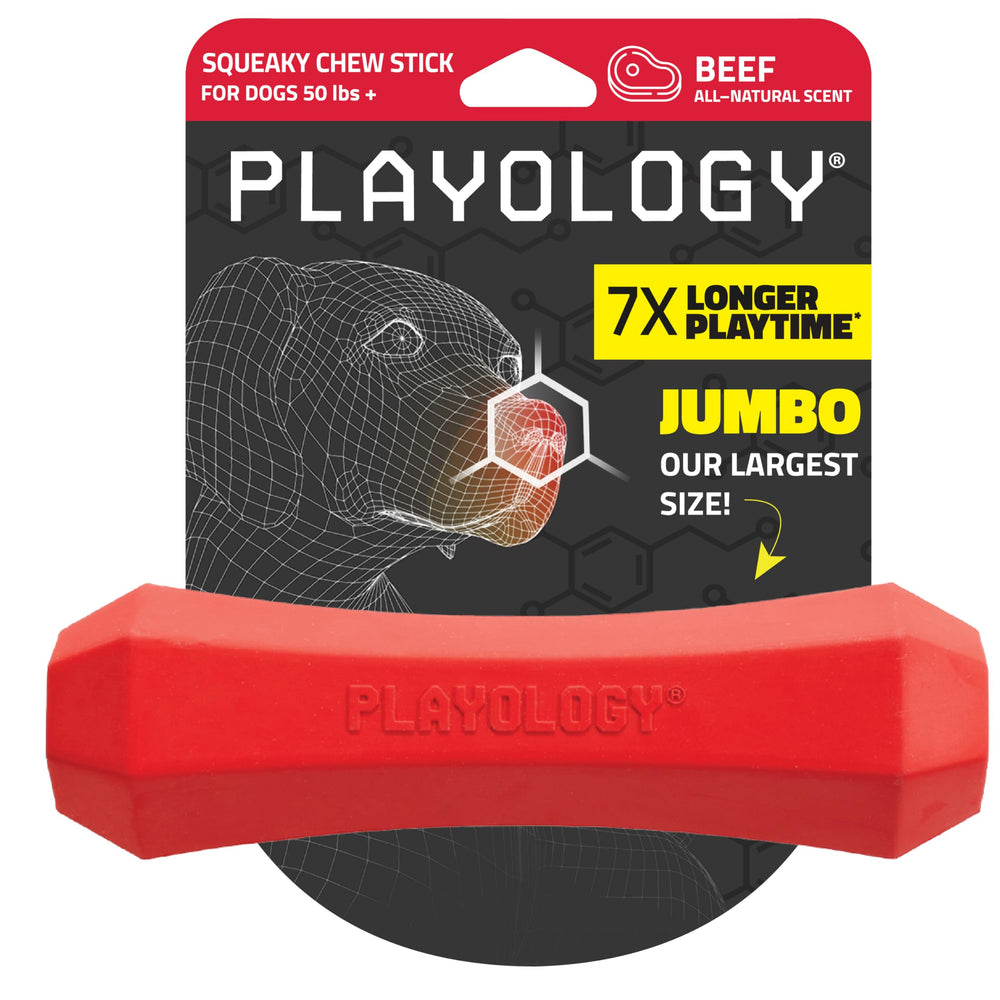 Playology durable-squeaky-chew-stick close-up highlighting rugged rubber for long-lasting dog play