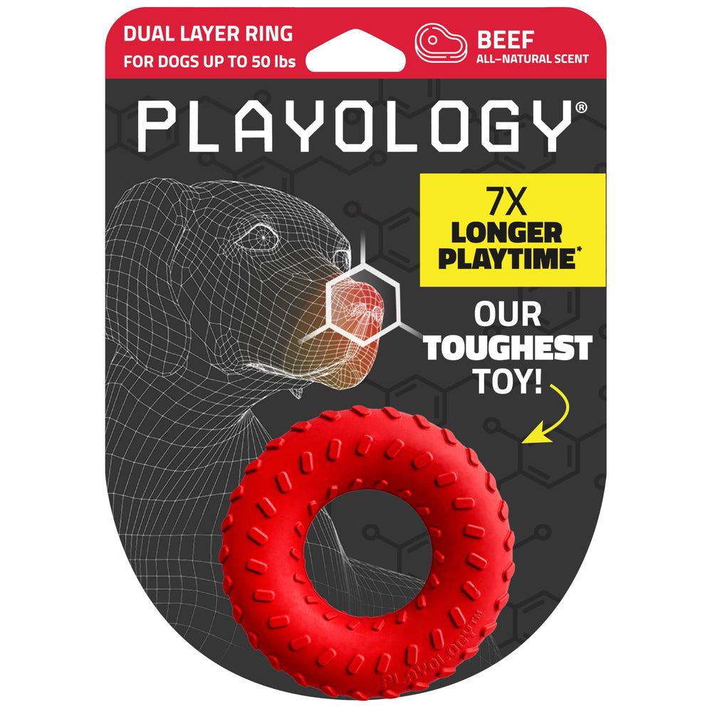 Playology dual layer ring chew toy close-up shows rugged durability for aggressive chewers.