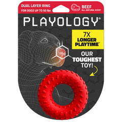 Playology dual layer ring chew toy close-up shows rugged durability for aggressive chewers.