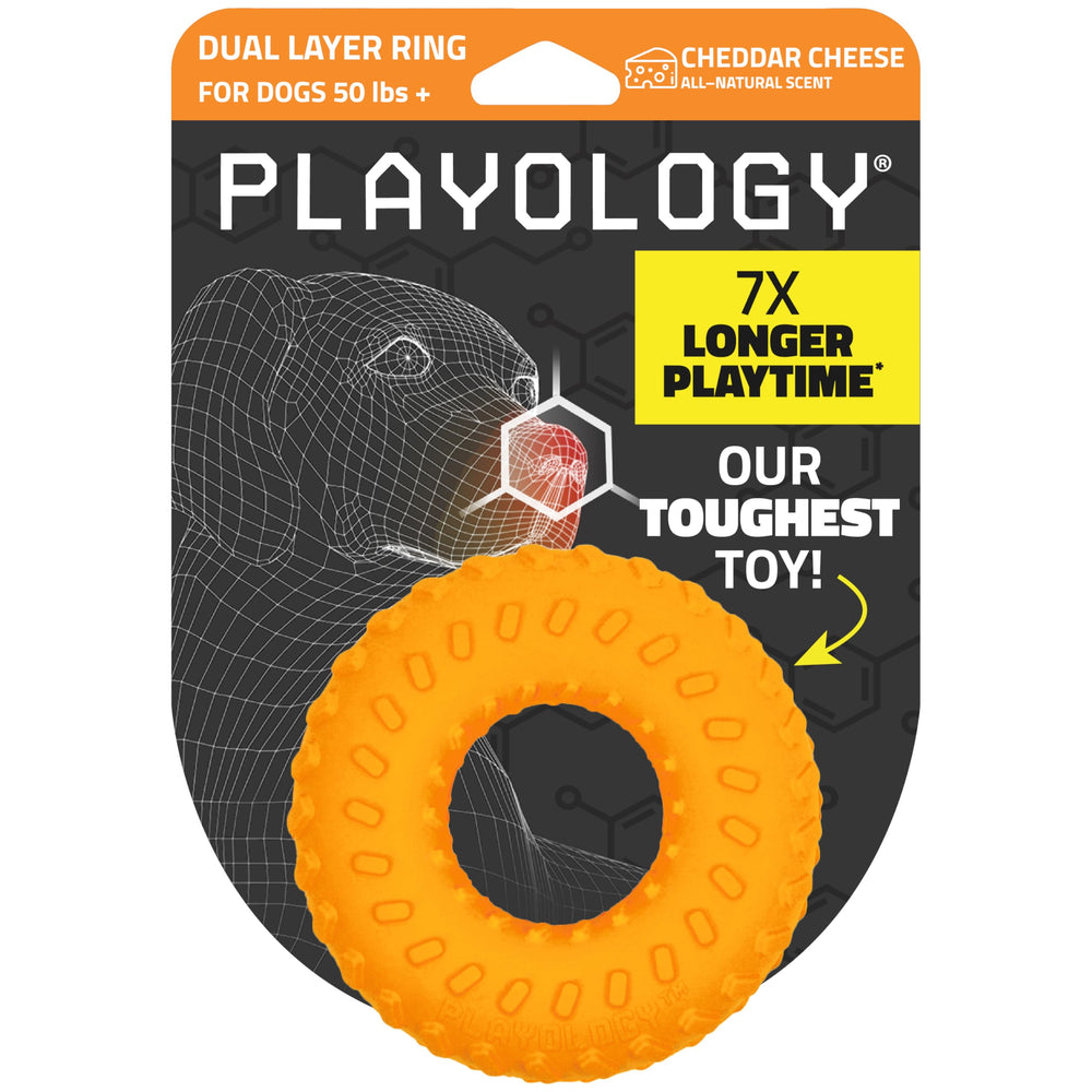 Playology dual-layer ring chew toy front view for aggressive chewers, promoting longer chew sessions.