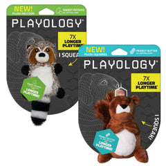 Playology plush raccoon dog-toy engages dogs with squeaks and scent for interactive play