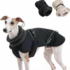 PlentiVive adjustable dog coat front view with harness slot for secure walks.