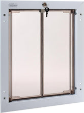 Plexidor performance door mount pet door in white with lock and key for secure outdoor access.