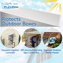 Plexidor awning over spa area guards equipment like heaters and pumps from weather exposure.