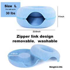 PLIISLUP cat tunnel bed blue close-up of sturdy zipper for durability.