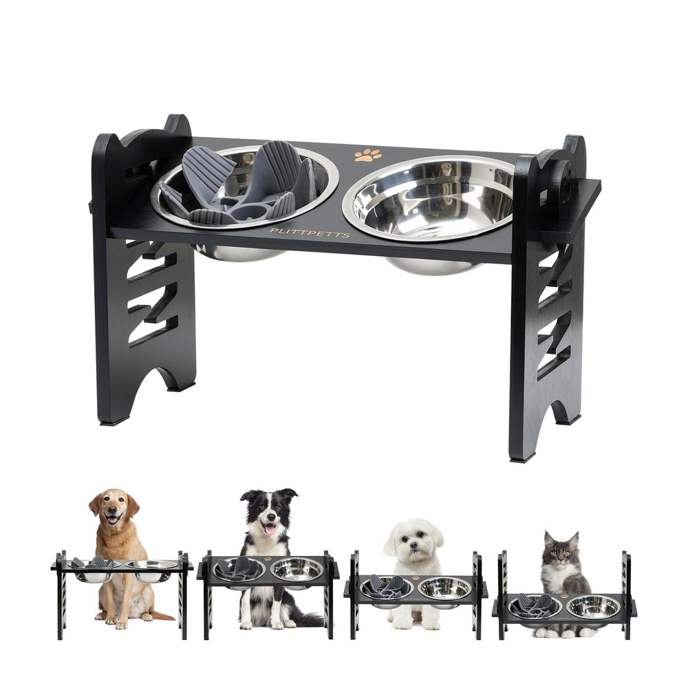 PLITTPETTS elevated dog bowls stand showcasing natural bamboo and anti-slip feet for steady meals.