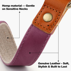 Plutus Pet collar leather hemp purple XS closeup stitching, designed for longevity.