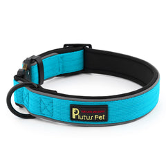 Plutus Pet Tactical Collar cyan side view demonstrates rugged nylon for outdoor adventures.