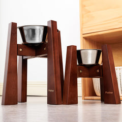Podinor bamboo 3-cup bowl fits securely in the raised stand.