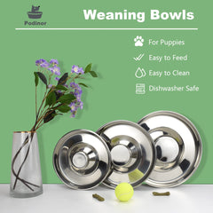 Podinor bowls show raised center to help keep bowls stable during feeding.