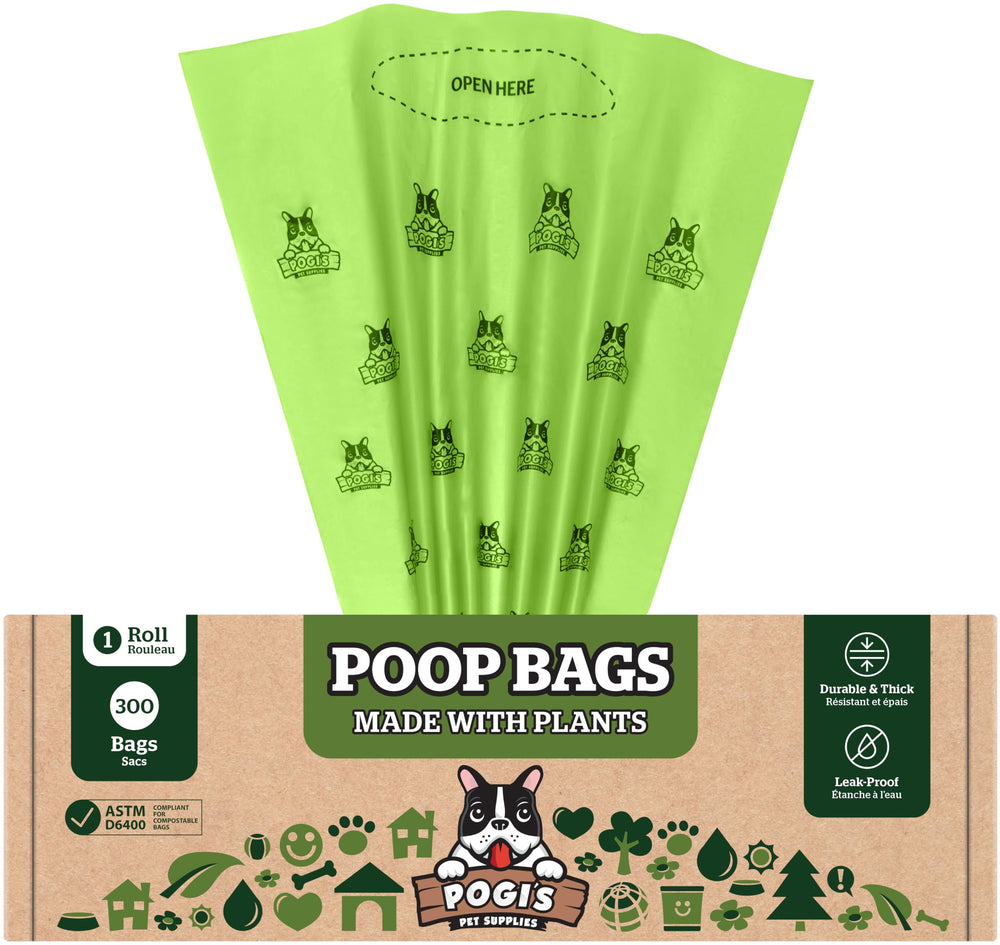 Pogi's compostable poop bags in a dispensing box for quick grab-and-go cleanup