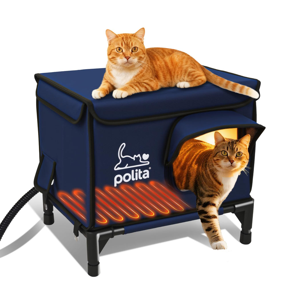 Polita rugged heated cat house exterior view shows weatherproof shelter for outdoor cats.