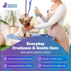 Pooches Aromas Natural Stud bottle showcases salon-quality grooming between baths.