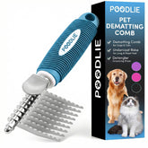 POODLIE Poodle Dematting Fur Rake comb close-up showing gentle detangling for dogs and cats.