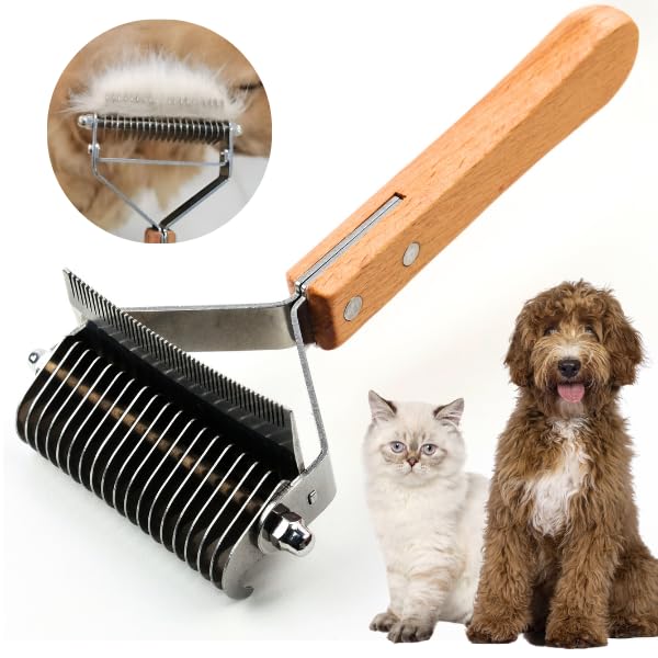 Poodoodle 2in1 Undercoat Rake wooden handle close-up for comfortable grooming.