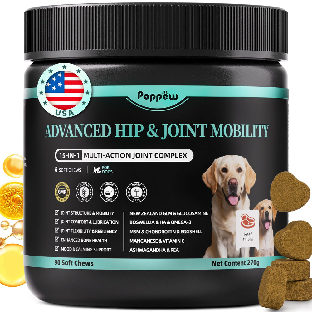 POPPAW advanced dog joint supplement 90ct bottle showcasing packaging for joint support