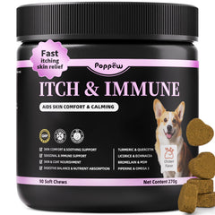 Poppaw dog allergy chews turmeric bottle closeup highlighting skin comfort support