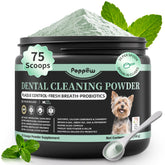 POPPAW dog dental powder packaging emphasizing easy, no-brush oral care for dogs