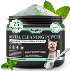 POPPAW dog dental powder packaging emphasizing easy, no-brush oral care for dogs