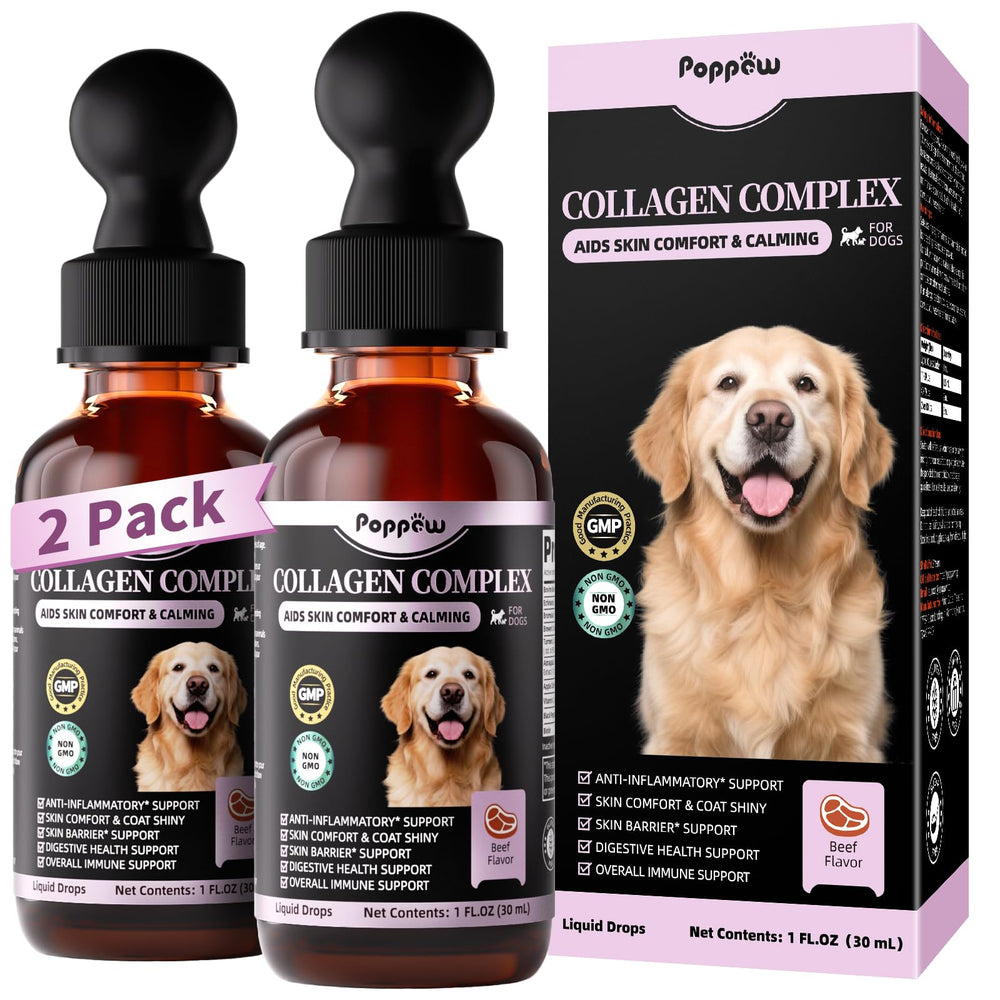 POPPAW Liquid Collagen bottle pouring for easy dosing and coat health