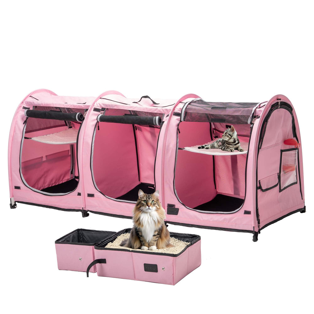 Porayhut portable three-compartment cat cage folded compactly for easy transport and storage